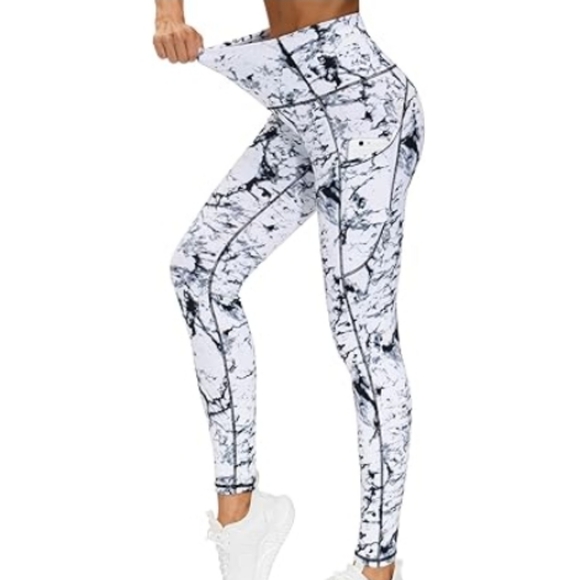 Thick High Waist Yoga Pants with Pockets Tummy Control Leggings Marble - Picture 2 of 7